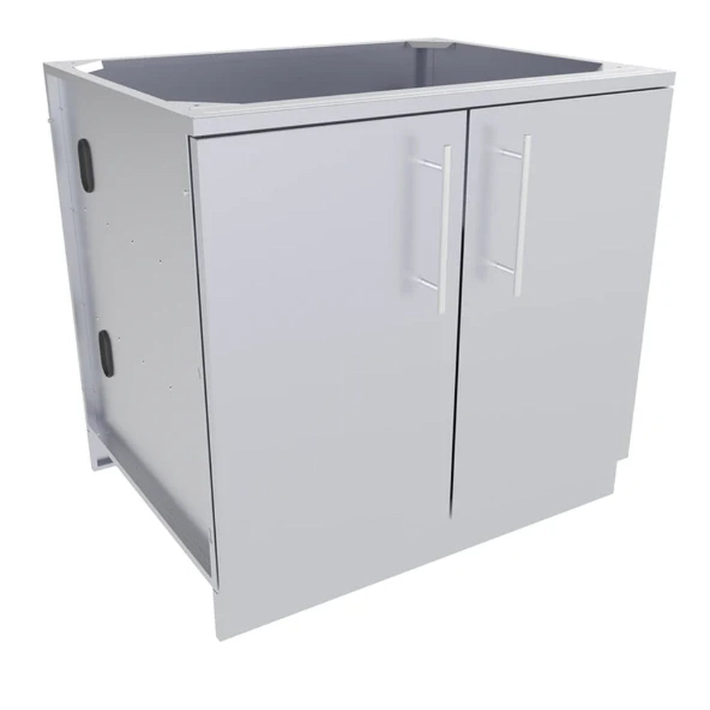 Sunstone 36-inch stainless steel outdoor kitchen double door base cabinet featuring a sleek weather-resistant finish and vertical bar handles.