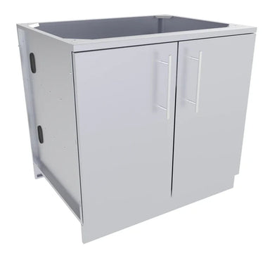 Sunstone 36-inch stainless steel outdoor kitchen double door base cabinet featuring a sleek weather-resistant finish and vertical bar handles.