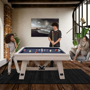Family playing a game on the Freetime Fun Baddah Bing 54" Bumper Pool Table with rustic oak wood finish
