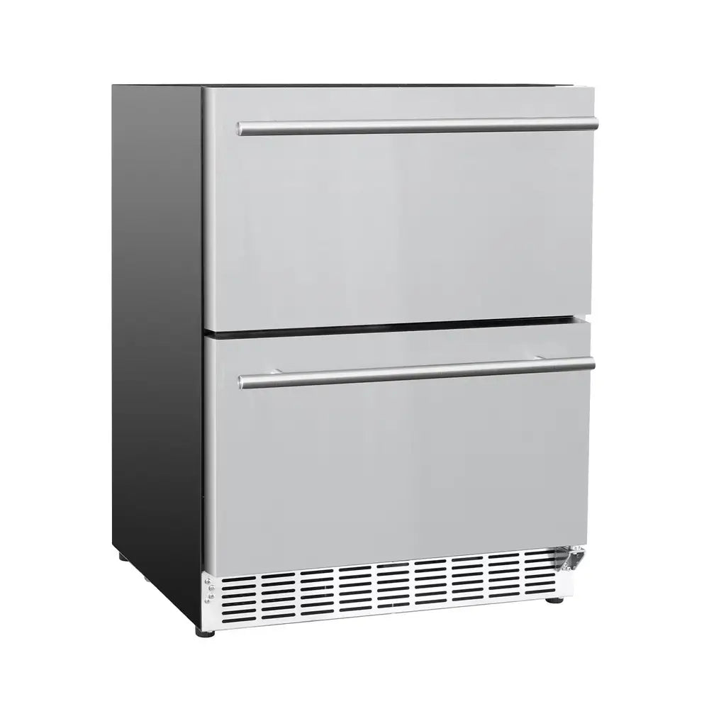 Summerset RFR-24DR2-A 24" Outdoor Refrigerator, top drawer open showing large storage area.