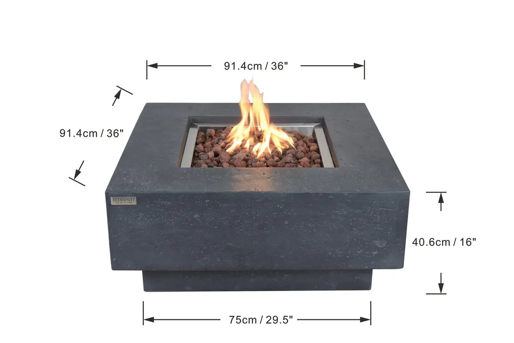Dimension diagram of the Manhattan fire table showing 36-inch width and depth, 16-inch height, and a 29.5-inch base.