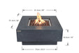 Dimension diagram of the Manhattan fire table showing 36-inch width and depth, 16-inch height, and a 29.5-inch base.
