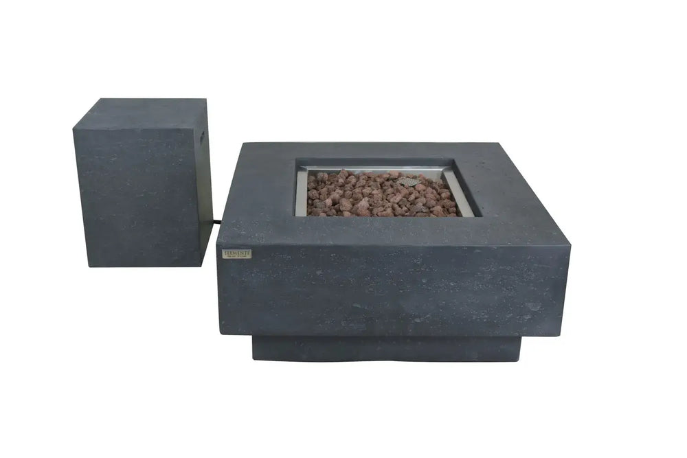 Dark grey Manhattan fire pit alongside a matching concrete tank cover used to hide the propane fuel source.
