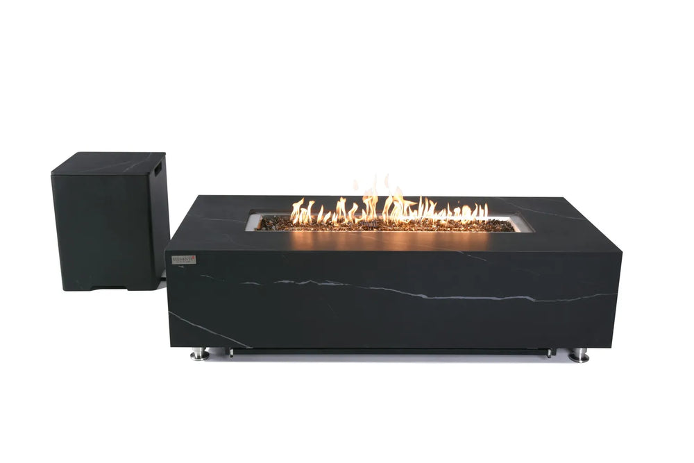 Elementi Plus OFP121BB Varna Bulgaria Black fire pit table shown with its matching dark porcelain propane tank cover for a seamless outdoor aesthetic.