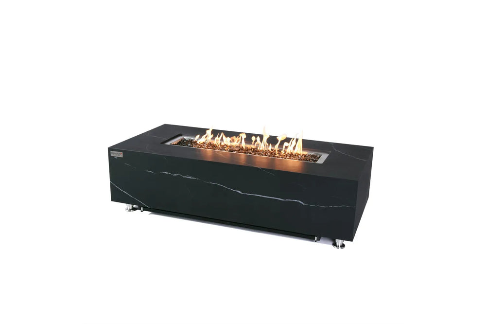 Studio product shot of the 60,000 BTU Elementi Plus Varna Bulgaria Black fire table on a white background, featuring a lit central flame and dark reflective fire glass.