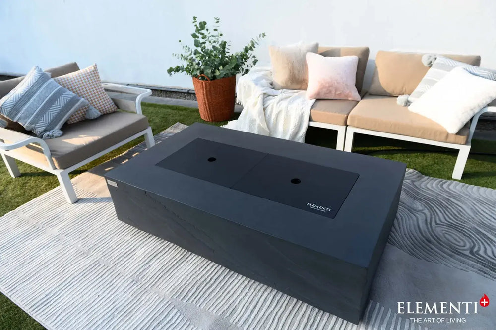 Elementi Plus Cape Town fire table used as a patio coffee table with burner lid.