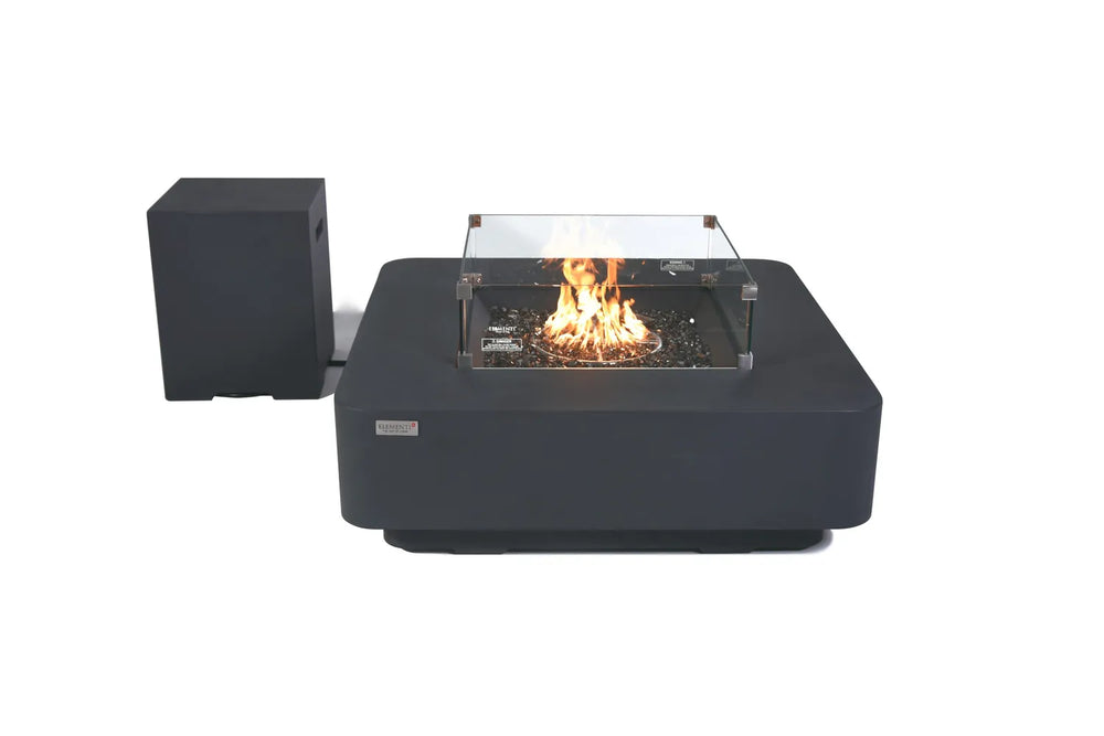 Elementi Plus Bergamo dark gray fire table with glass wind guard and matching propane tank cover.