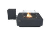 Elementi Plus Bergamo dark gray fire table with glass wind guard and matching propane tank cover.