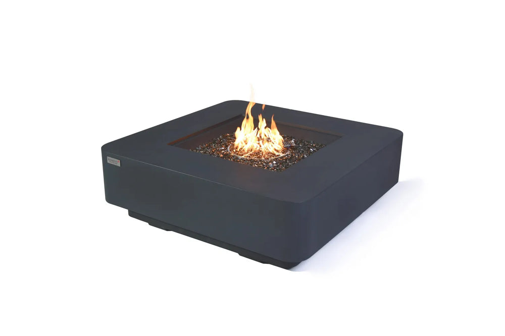 Elementi Plus Bergamo dark gray square fire table with fire glass and active flame on white background.