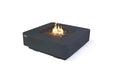 Elementi Plus Bergamo dark gray square fire table with fire glass and active flame on white background.