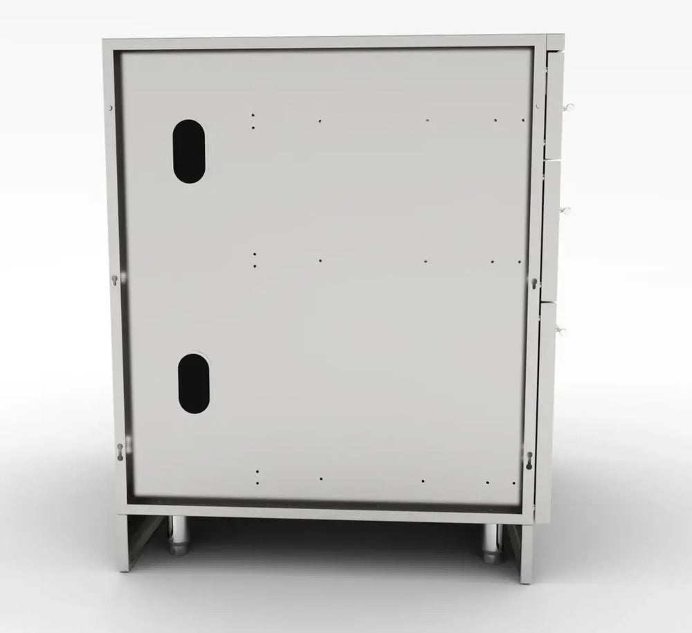 Back panel view of the Sunstone SBC18CSDL cabinet highlighting pre-drilled utility access ports for easy plumbing and electrical routing.
