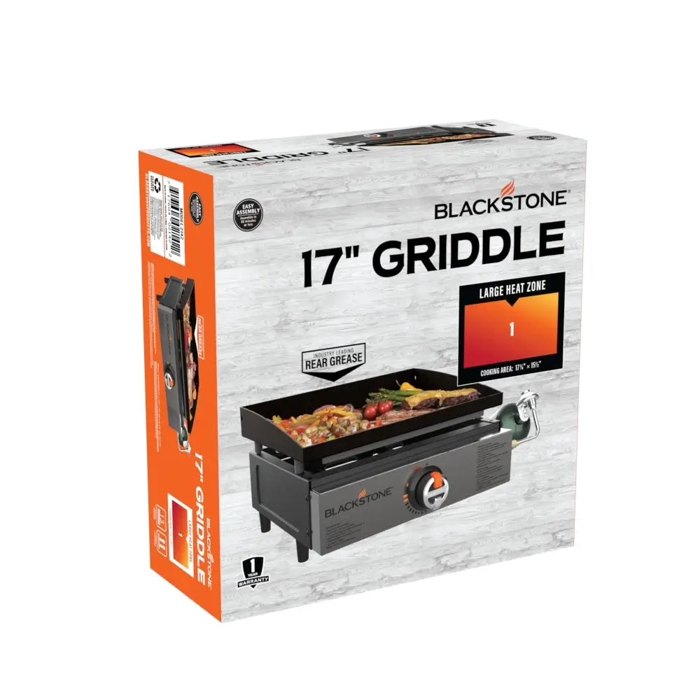 Retail packaging of the Blackstone 17-inch tabletop griddle with rear grease management, showing image of griddle cooking food and key features.