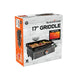 Retail packaging of the Blackstone 17-inch tabletop griddle with rear grease management, showing image of griddle cooking food and key features.