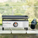 Front view of the Blackstone 17-inch portable propane tabletop griddle with stainless steel control panel, perfect for outdoor camping and backyard grilling.