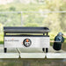 Front view of the Blackstone 17-inch portable propane tabletop griddle with stainless steel control panel, perfect for outdoor camping and backyard grilling.