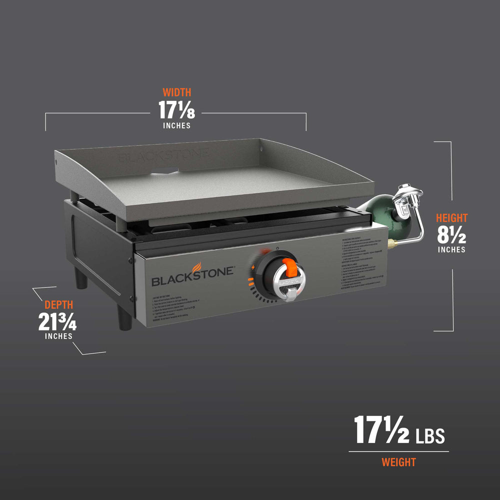 Product dimension diagram of the Blackstone 17-inch propane tabletop griddle, highlighting width, depth, height, and weight for compact portability.