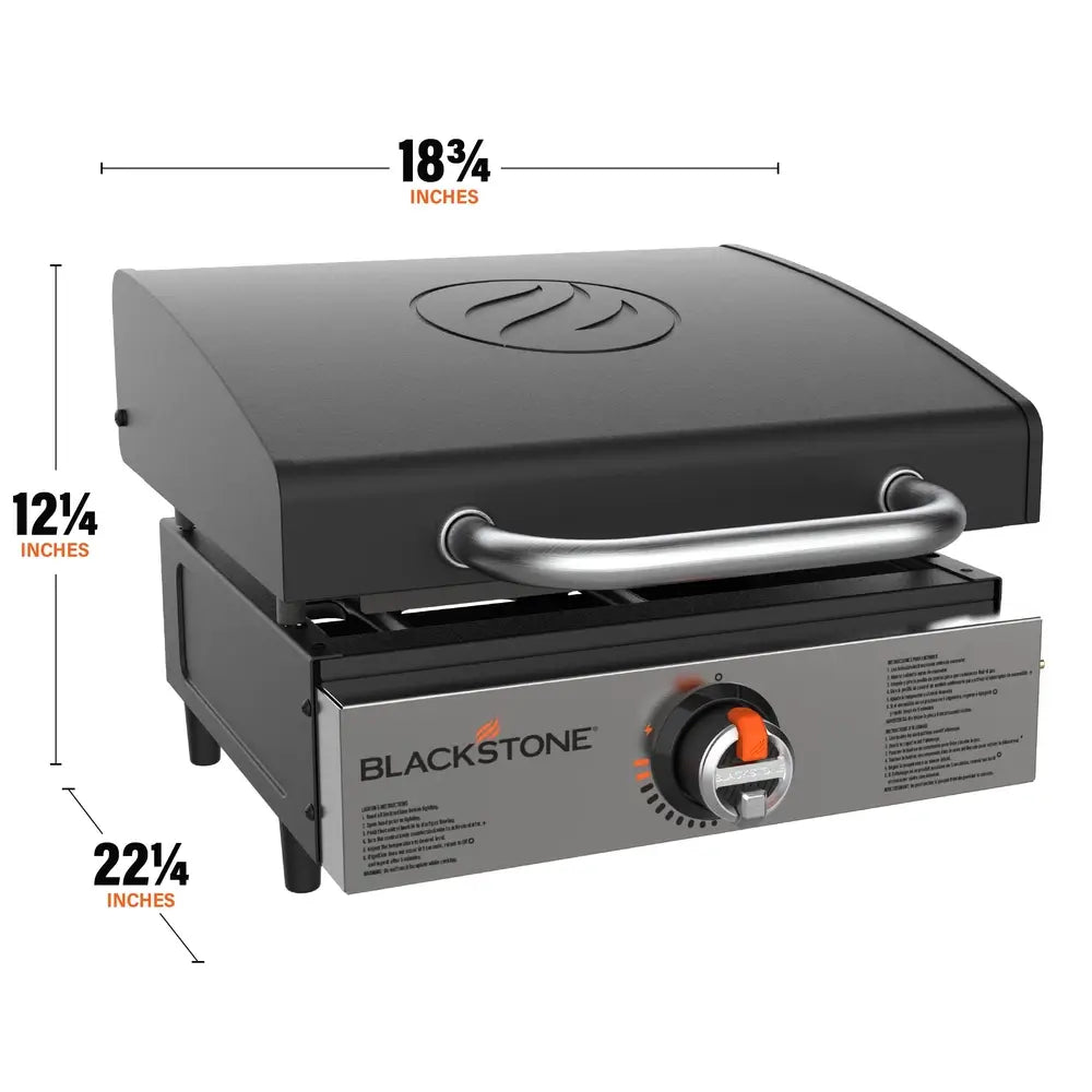 Blackstone 17-inch tabletop propane griddle with hood, shown with full dimensions: 22.25x18.75x12.25 inches