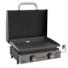 Front view of Blackstone 22" tabletop griddle with stainless steel hood and dual burner controls