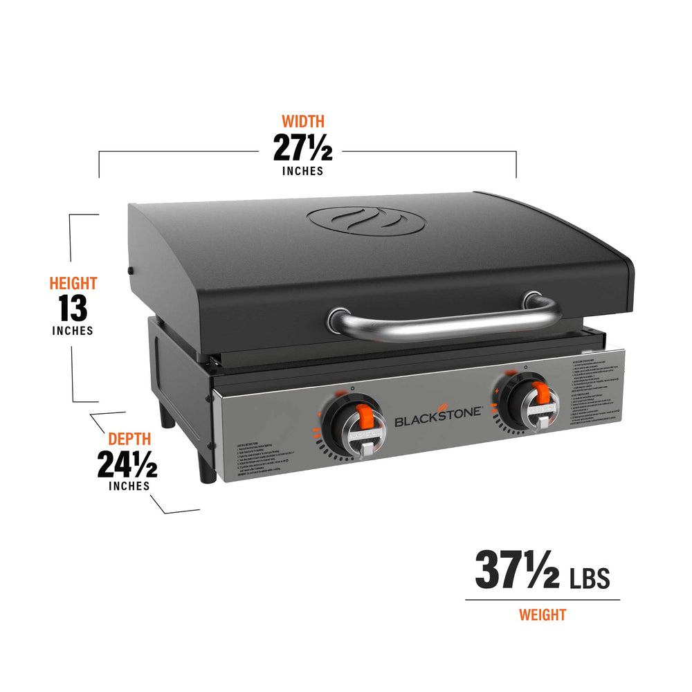 Dimensions of Blackstone 22" portable propane griddle with hood—27.5" width, 24.5" depth, 13" height