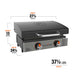 Dimensions of Blackstone 22" portable propane griddle with hood—27.5" width, 24.5" depth, 13" height