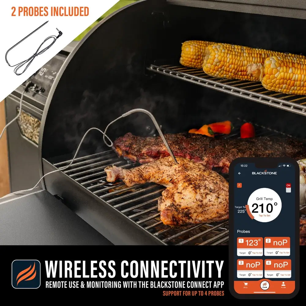 Blackstone 900 Pellet Grill wireless connectivity display showing internal meat probes with mobile app integration and real-time temp monitoring
