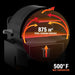 Blackstone pellet grill heat distribution graphic with arrows highlighting 875 in² total cooking surface and 500°F max temperature