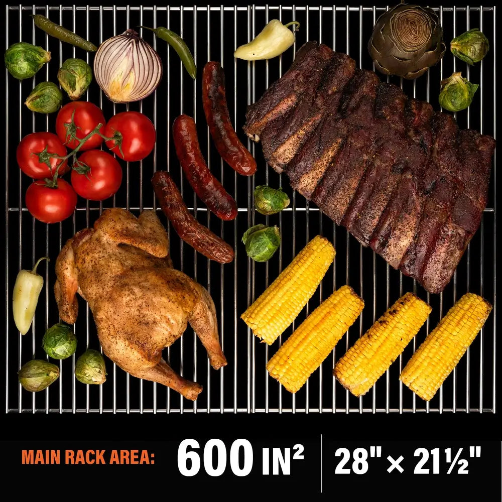 Blackstone pellet grill cooking rack layout showing 600 in² main area with whole chicken, ribs, corn, sausages, tomatoes, and vegetables