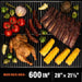 Blackstone pellet grill cooking rack layout showing 600 in² main area with whole chicken, ribs, corn, sausages, tomatoes, and vegetables