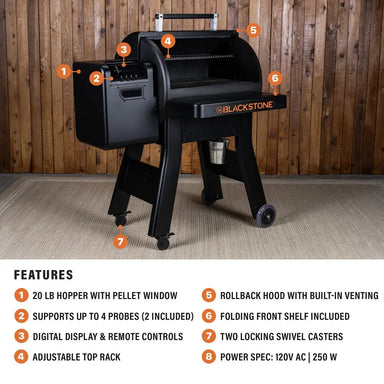 Blackstone 900 Pellet Grill feature diagram highlighting 20 lb hopper, 4-probe support, digital display, top rack, and swivel casters