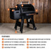 Blackstone 900 Pellet Grill feature diagram highlighting 20 lb hopper, 4-probe support, digital display, top rack, and swivel casters