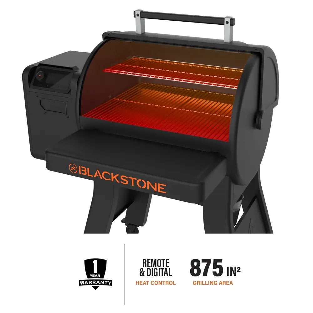 Blackstone 900 Pellet Grill with glowing infrared heating zones and 875 square inch grilling surface visualized