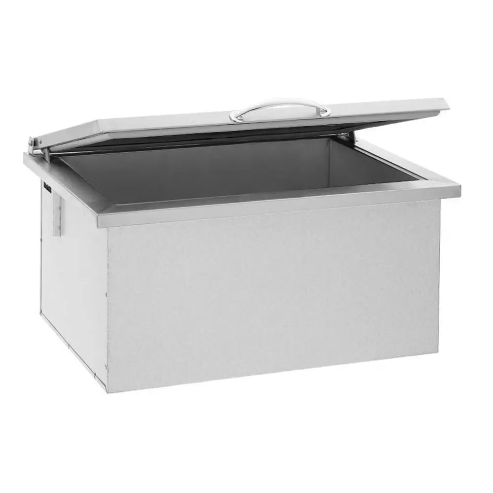 Angled view of Summerset IC-28 built-in outdoor cooler with lid open, showing deep insulated well.