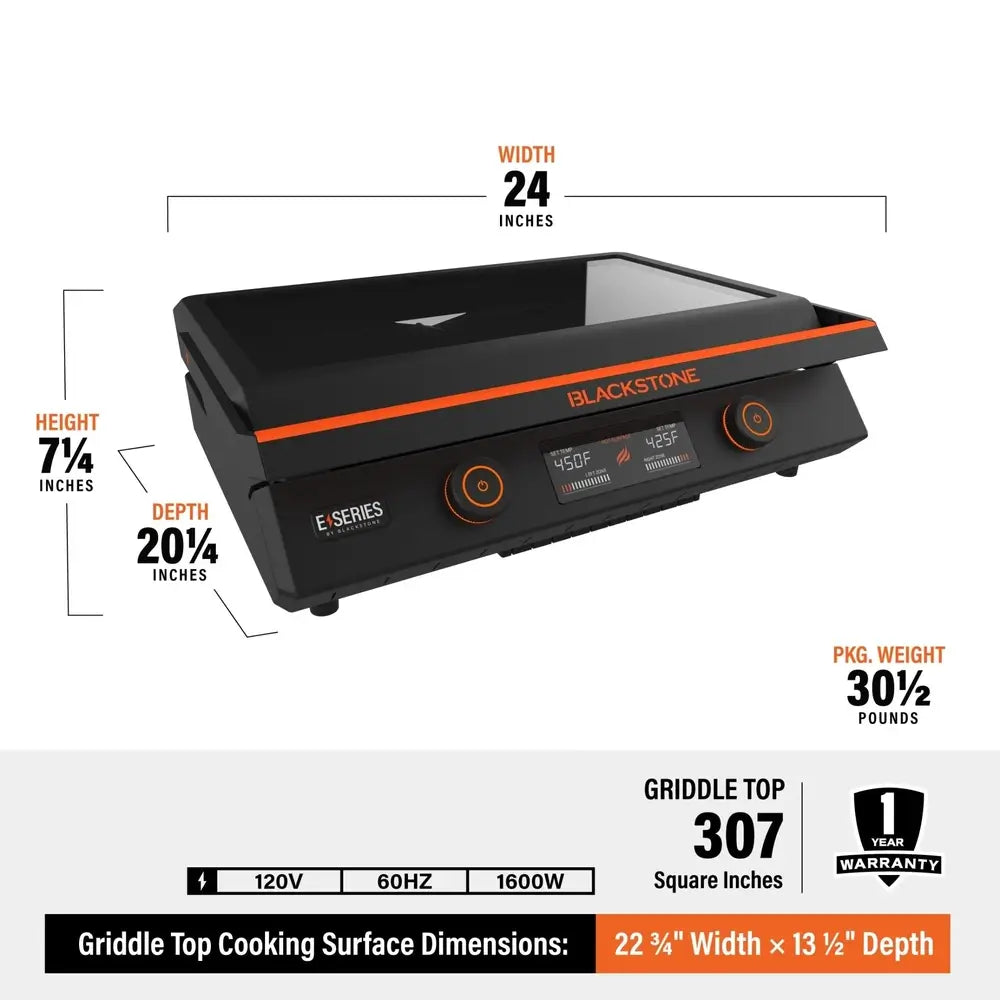 Blackstone 22-Inch Electric Griddle with dimension labels and specs showing 24-inch width and 307 square inch cooking surface