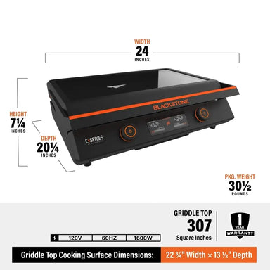 Blackstone 22-Inch Electric Griddle with dimension labels and specs showing 24-inch width and 307 square inch cooking surface