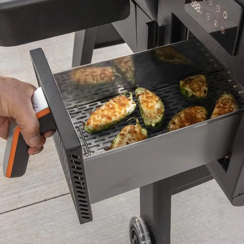 Blackstone 2258 Smoker Air Fryer Combo with all compartments open for smoking, air frying, and searing versatility