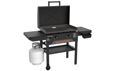 Blackstone 28-inch griddle with hood and side shelves – compact propane outdoor griddle with two burners