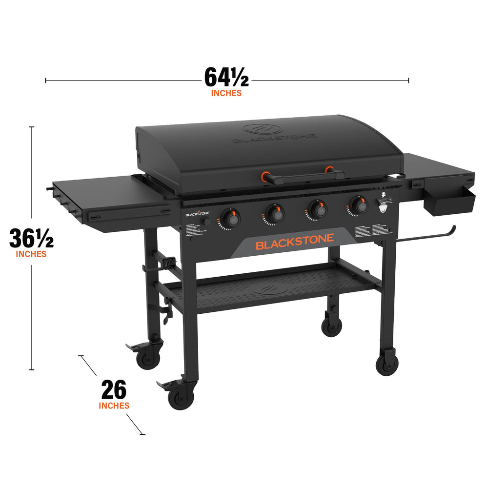 Blackstone 36-inch propane griddle showing full width, depth, and height dimensions for outdoor kitchen planning.