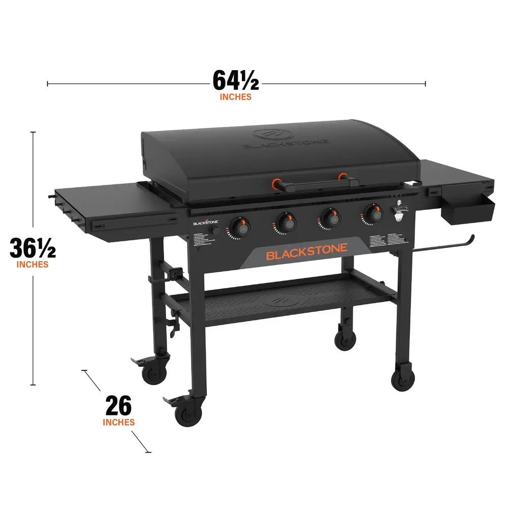 Blackstone 36-inch propane griddle showing full width, depth, and height dimensions for outdoor kitchen planning.