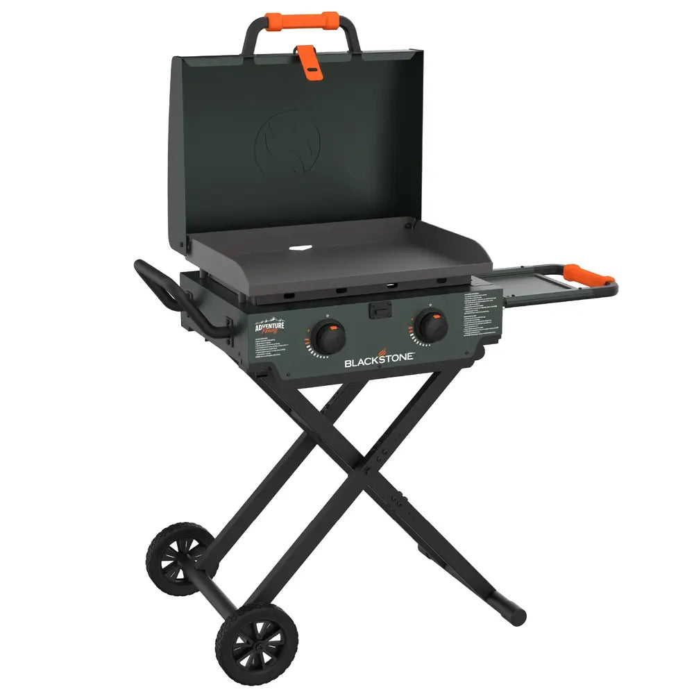 Studio image of Blackstone 22-inch gas griddle with hood and side shelf in Alpine Green finish
