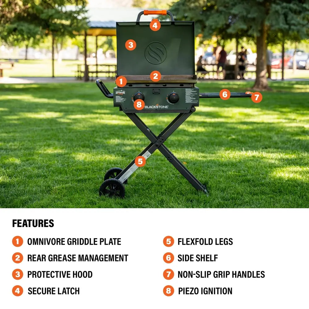Feature callout for Blackstone 22" portable griddle with labeled parts like side shelf, hood, grease management, and legs