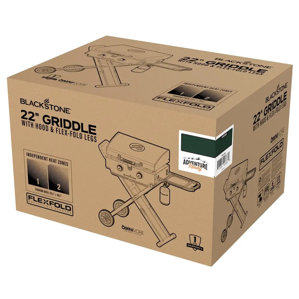 Retail packaging of Blackstone 22" griddle with hood and FlexFold legs featuring Adventure Ready branding