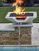 Travertine TessaRai Square Fire/Water Bowl Kit with copper spillway, lava rock flame and stacked stone pool pedestal