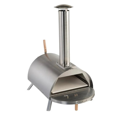 WPPO Lil Luigi portable wood-fired oven with stainless steel dome, chimney, folding legs, and front pizza door.