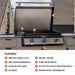 Blackstone 28-Inch Drop-In Griddle feature diagram showing omnivore plate, stainless steel hood, LED knobs, and rear grease system