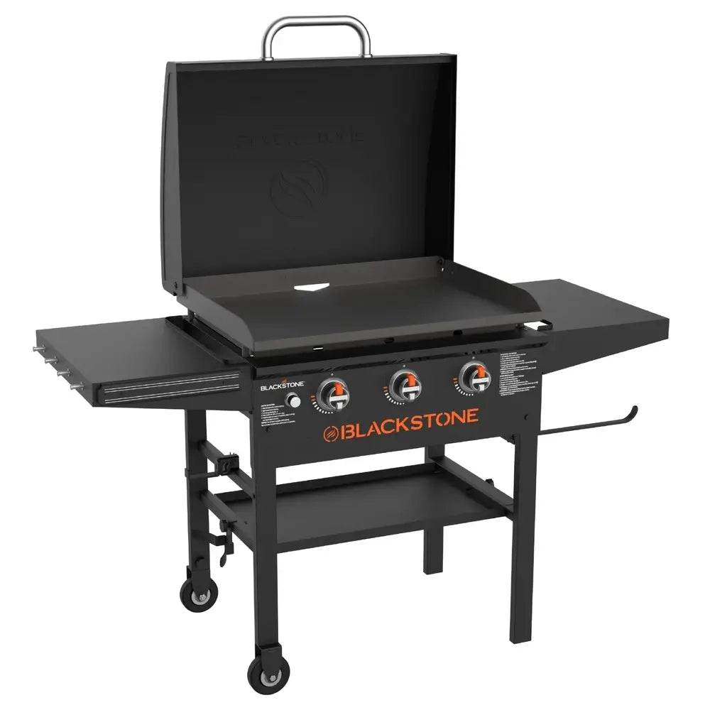 Side view of Blackstone 28" propane gas griddle with hood open and flat top cooking surface visible