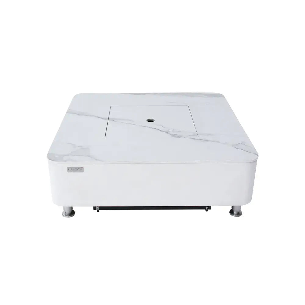 Elementi OFP101BW Annecy white marble porcelain fire table with matching lid and silver legs on a white background.