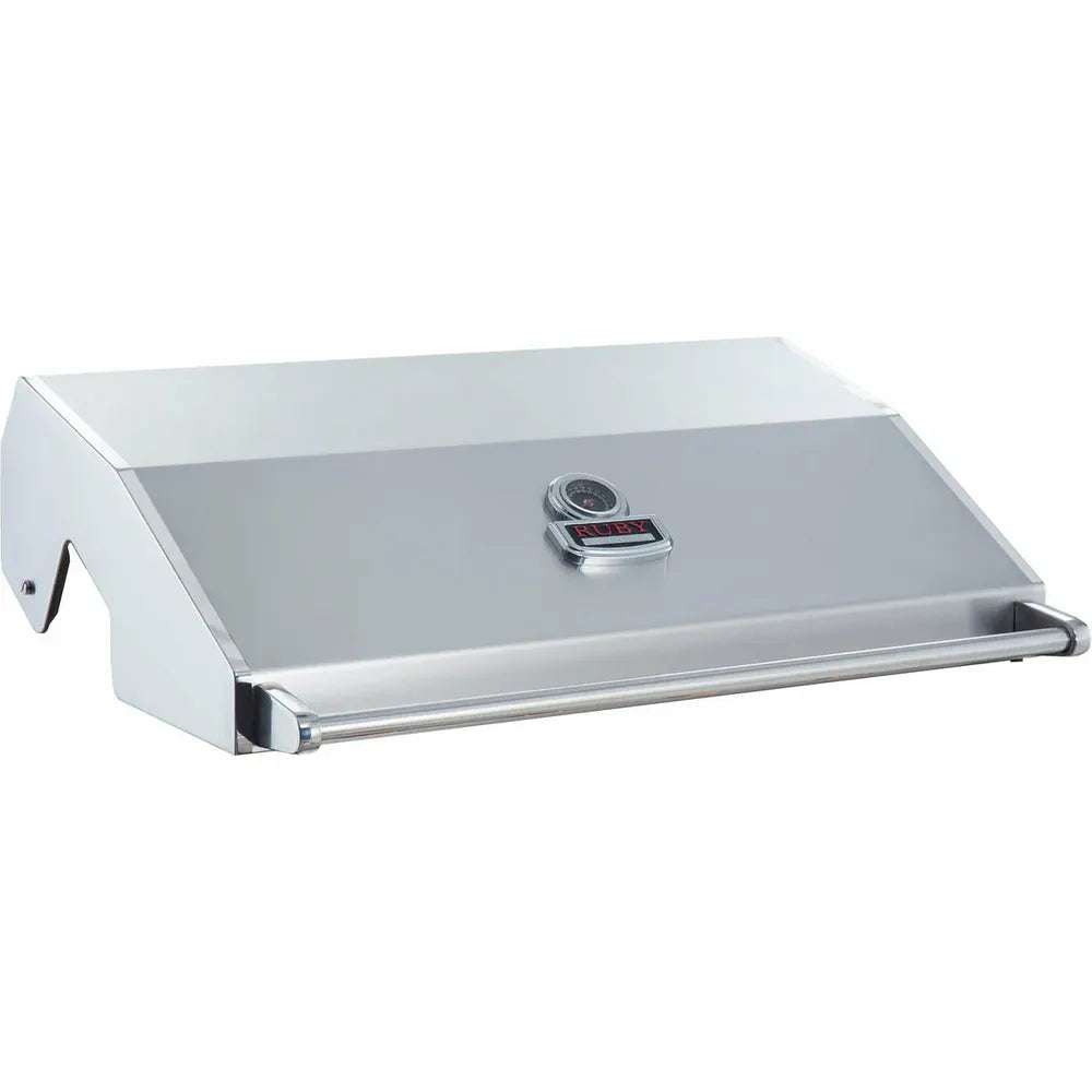 Sunstone Ruby grill replacement hood, double-walled stainless steel lid with built-in temperature gauge and handle bar, close-up on white background.