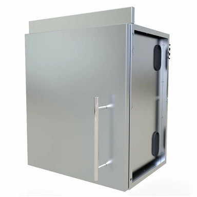 Angled view of the Sunstone SWC18CSDL 18 inch upper wall left swing cabinet with a stainless steel door, framed body, and side mounting structure visible. This perspective shows the depth of the cabinet and the sleek handle placement for outdoor kitchen installation.