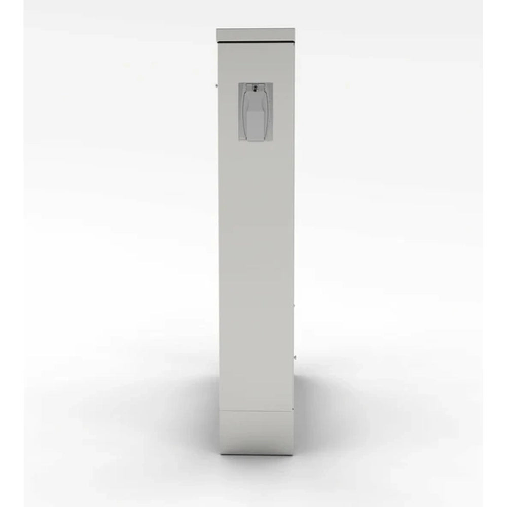 Side view of Sunstone SBC6SPEL outdoor cabinet spacer featuring a weather-protected electrical outlet cover on a sleek 304 stainless steel finish.
