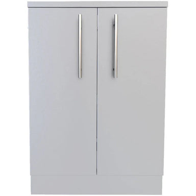 Front-facing view of Sunstone 24-inch double door base cabinet featuring weather-resistant 304 stainless steel finish and sleek vertical pull handles.